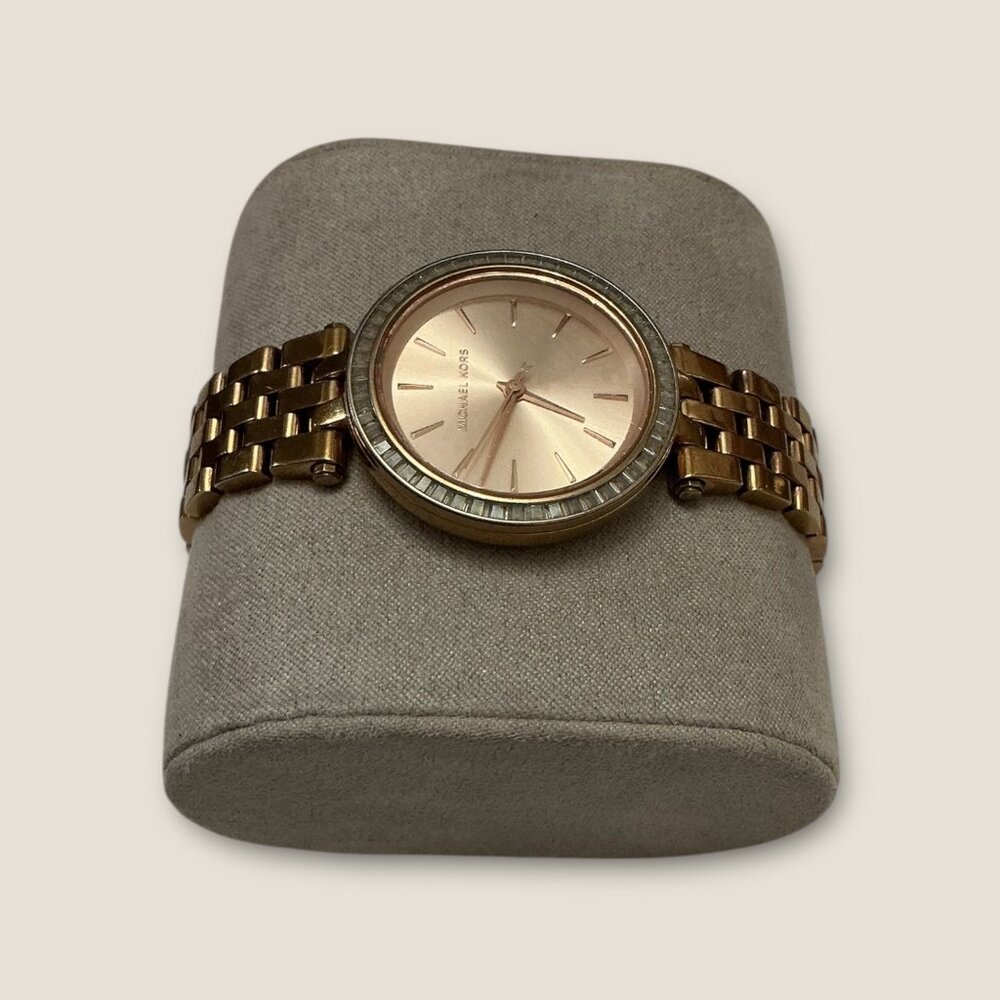Michael Kors Rose Gold Watch With Rhinestones & 7-Inch Band In Box - Picture 3 of 5